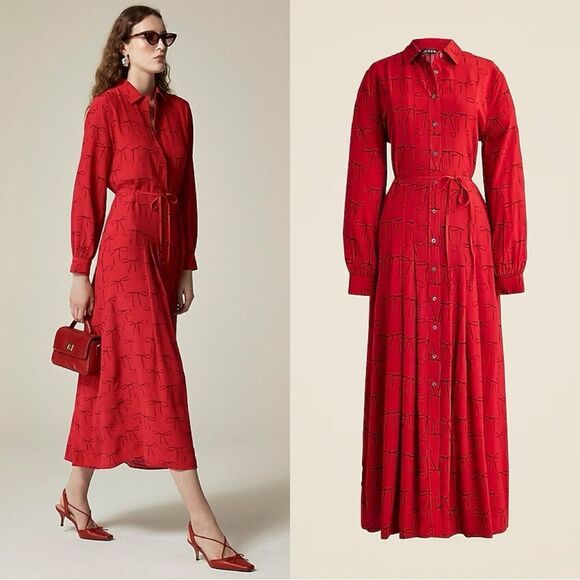 NWT J CREW Drapey pleated shirtdress in bow print in red - Picture 1 of 6